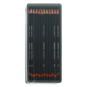 Набор карандашей чернографитных разной твердости Derwent Graphic Medium 12 штук, 6B-4H металлический пенал