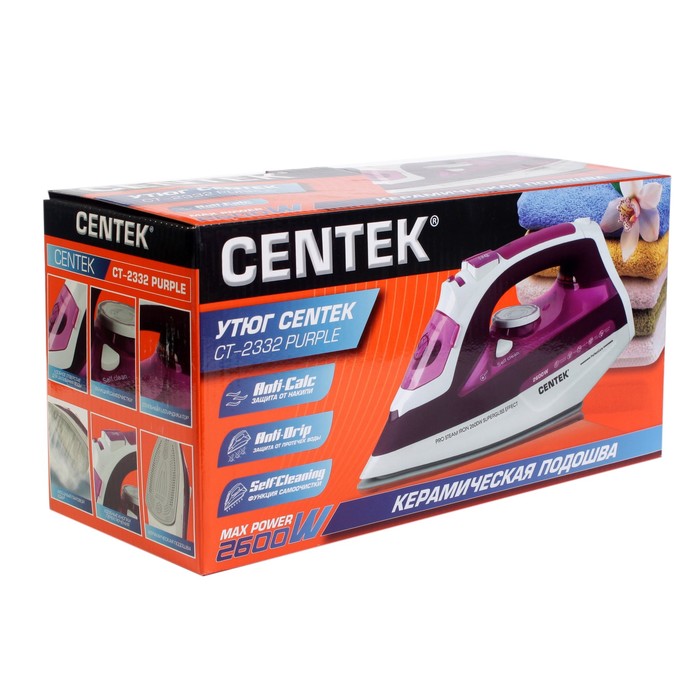 Утюг Centek CT-2332, 2600 Вт, 380 мл, керамическая подошва, капля-стоп, пурпурный 2531598 - фото 36524