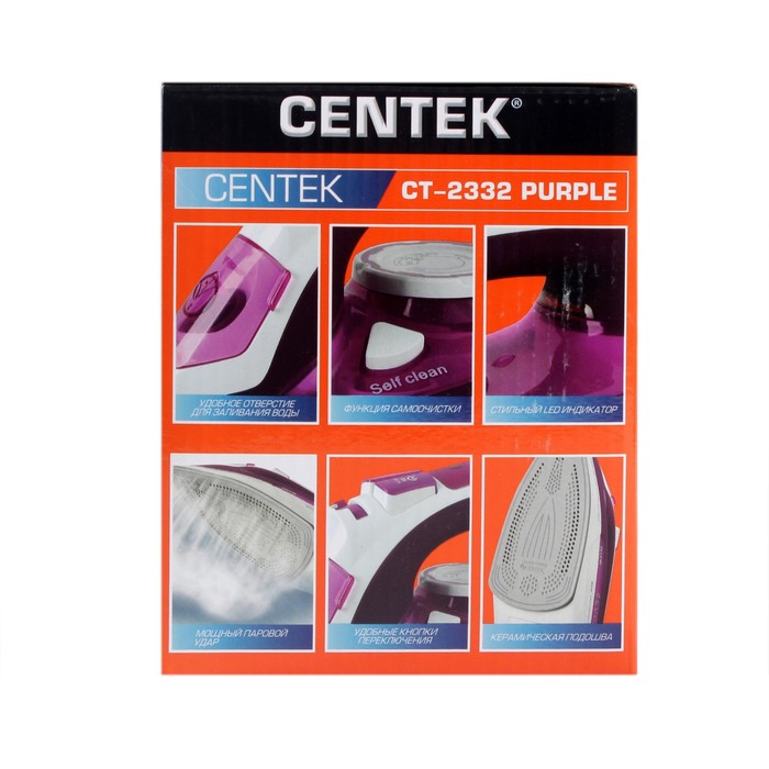 Утюг Centek CT-2332, 2600 Вт, 380 мл, керамическая подошва, капля-стоп, пурпурный 2531598 - фото 36526