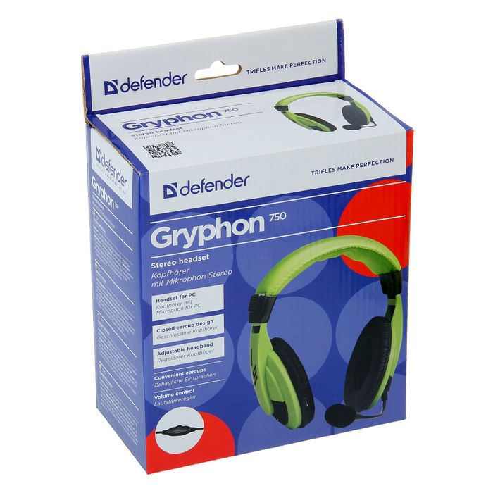 Наушники полноразмерные DEFENDER Gryphon 750, компьютерные, микрофон, кабель 2 м, зелёные