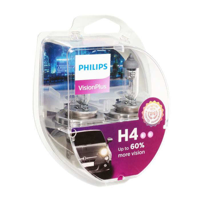 Лампа автомобильная Philips, Vision Plus, H4, 12 В, 60/55 Вт, P43t, 2шт.