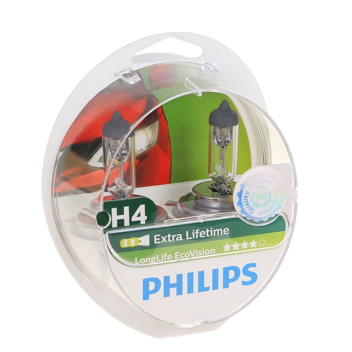 Лампа автомобильная Philips, LongLife EcoVision, H4, 12 В, 60/55 Вт, P43t, 2шт.