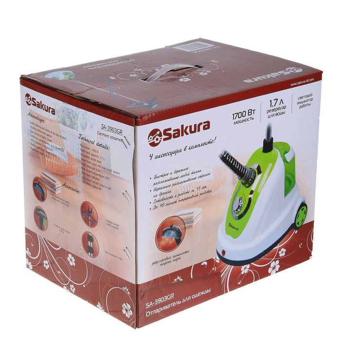 Отпариватель Sakura SA-3903GR, 1700 Вт, 1.7 л, до 98˚С, вертикальный, бело-зеленый - фото 43732