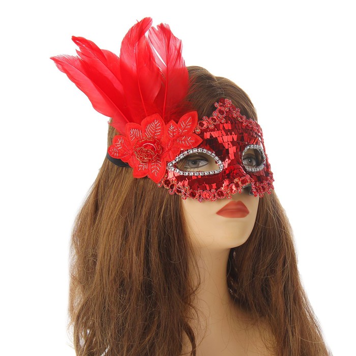 Карнавальная маска «Леди», с пером, цвет красный