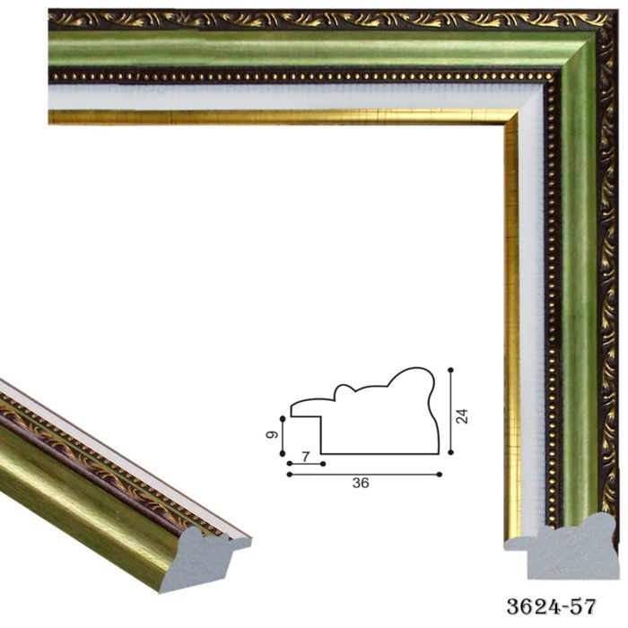 Багет пластиковый 36мм*24мм*2.9м (Ш*В*Д) 3624-57 зелёный/золотой/белый