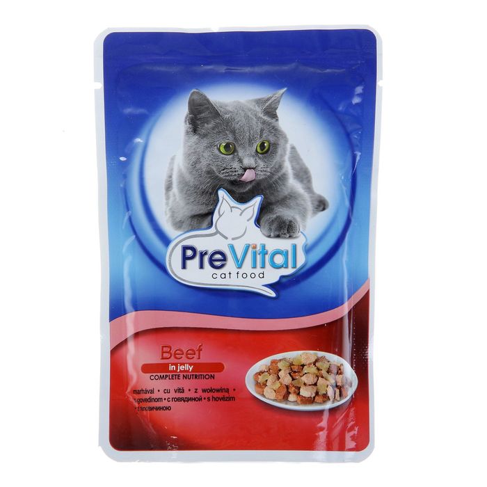 Влажный корм PreVital для кошек, говядина в желе, пауч, 100 г