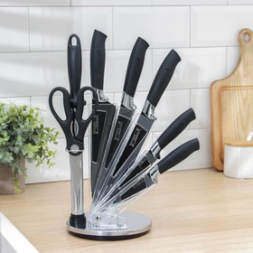 Набор кухонный на подставке «Black», 7 предметов: ножи 9 см, 12 см, 20 см, 20 см, 20 см, мусат, ножницы, цвет чёрный