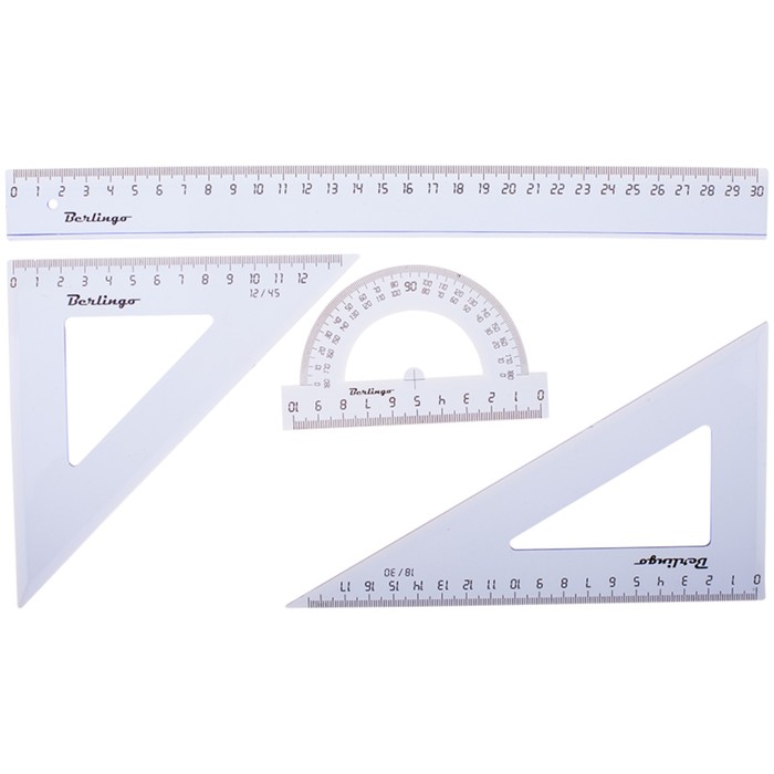Набор чертёжный большой: треугольник 2 штуки, линейка 30 см, транспортир, прозрачный тонированный