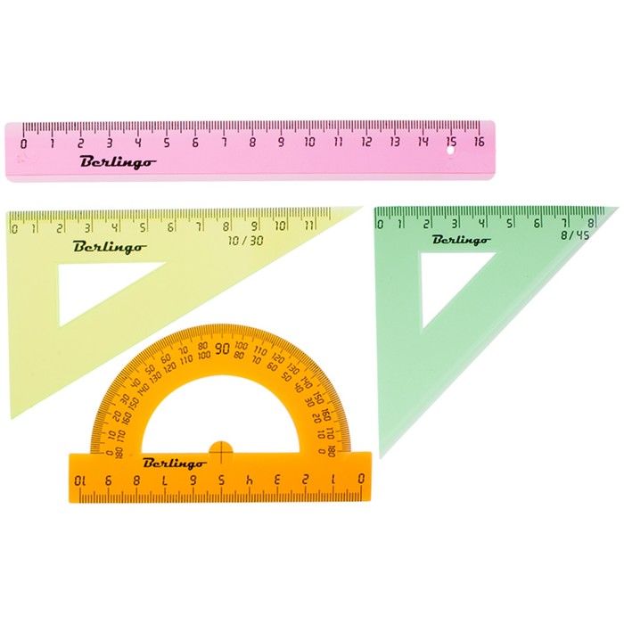 Набор чертёжный малый: треугольник 2 штуки, линейка 15 см, транспортир, прозрачный флуоресцентный