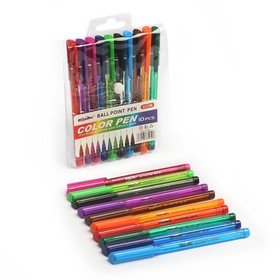 Set of ballpoint pens, 10 colors, triangular body, toned, in a blister on the button