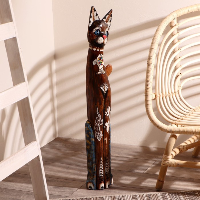 Сувенир дерево "Кошка морская с рыбкой и ящерками" 80х13х7 см - фото 797837672