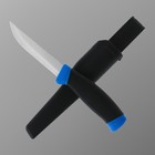 The clumsy knife , blade 9.5 cm, handle black with blue accents 11.5 cm, plastic sheath