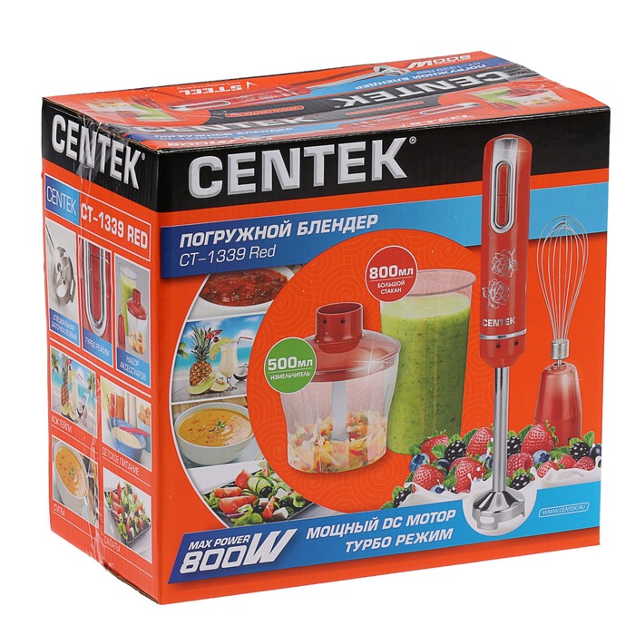 Блендер Centek CT-1339, погружной, 800 Вт, 0.5/0.8 л, 2 скорости, режим "Турбо", красный 2644539 - фото 47098