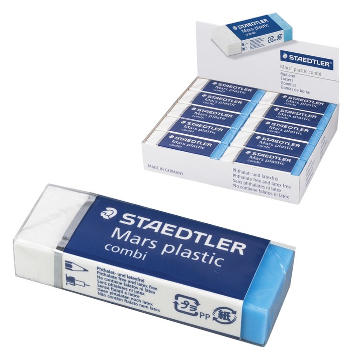 Ластик Staedtler Mars Plastic, 65х23х13мм, двухцветный, в картонном держателе, белый/синий