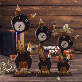 Souvenir wood "Cats with openwork carving in the ears and breast," set 3 piece h=22, 27, 36 cm