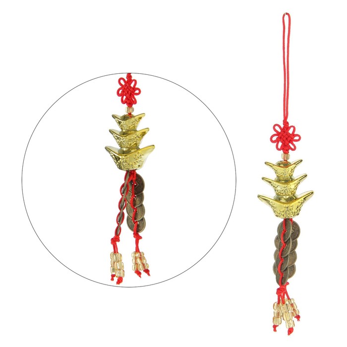 Подвеска 8 монет &quot;Три золотых слитка с узлом счастья&quot; 12 см