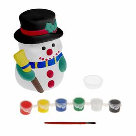 Роспись по керамике — копилка «Снеговик с метлой» + краски 6 цветов по 3 мл, кисть