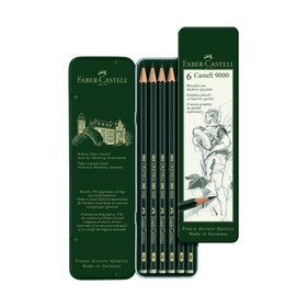 Набор карандашей чернографитных разной твердости Faber-Castell CASTELL 9000, 6 штук, 8B, 6B, 4B, 2B, B, HB, металлический пенал