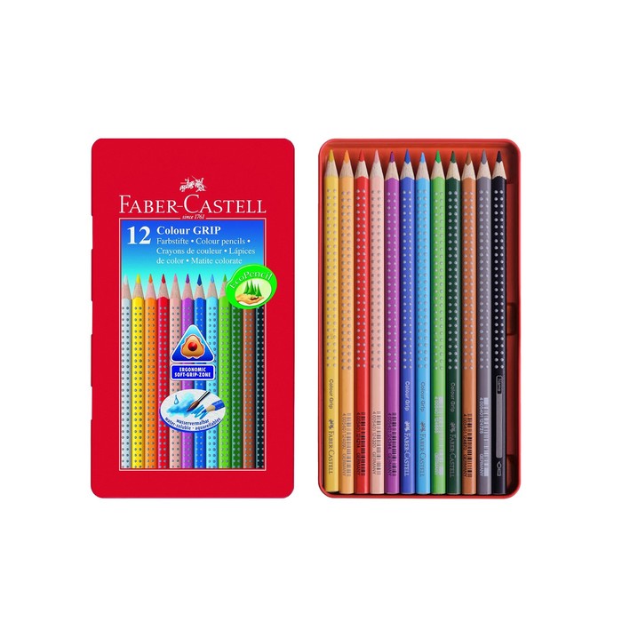 Карандаши цветные 12цв Faber-Castell GRIP 2001 трехгран, металлическая коробка 112413