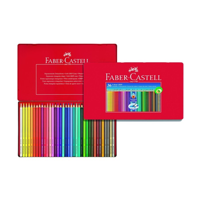 Карандаши цветные 36цв Faber-Castell GRIP 2001 трехгран, металлическая коробка 112435