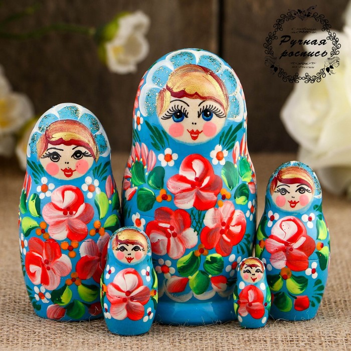 Матрёшка «Розочки», голубой платок, 5 кукольная, 10,5 см