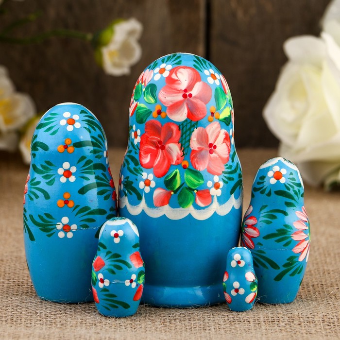 Матрёшка «Розочки», голубой платок, 5 кукольная, 10,5 см