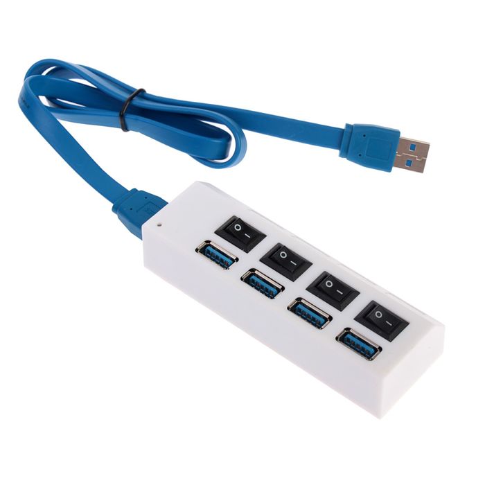 Разветвитель USB 3.0 (Hub), 4 порта, переключатели, провод microUSB(B) 50 см, белый