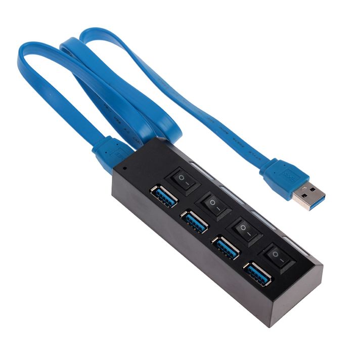 Разветвитель USB 3.0 (Hub), 4 порта, переключатели, провод microUSB(B) 50 см, черный