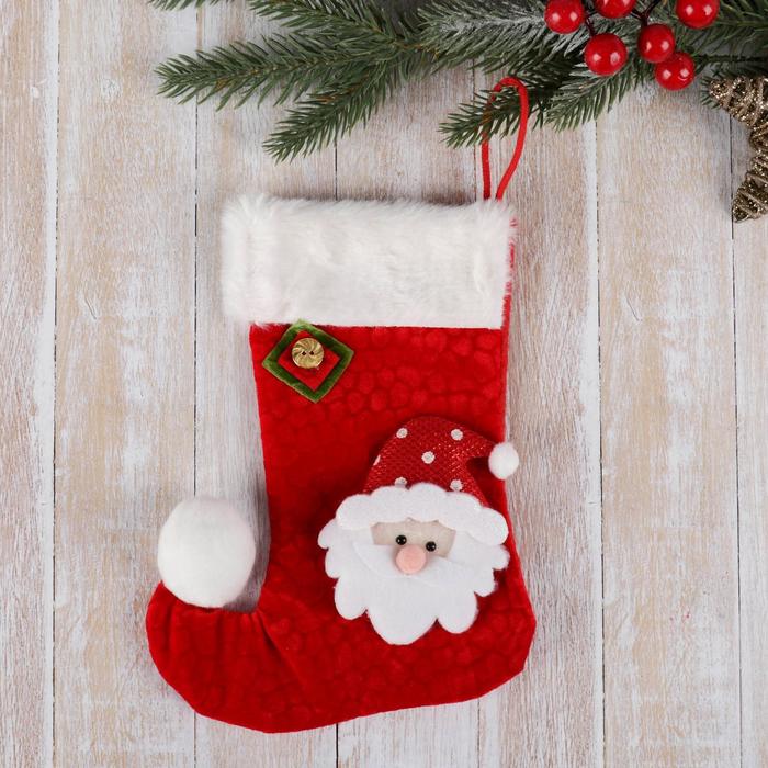 Носок для подарков "Помпошка" Дед Мороз в колпаке, 15х18 см, бело-красный - фото 4009714