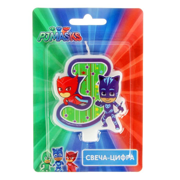 Свеча для торта цифра &quot;PJ Masks &quot;Герои в масках&quot; зелёная &quot;3&quot;