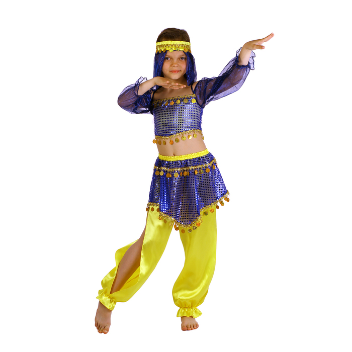 Карнавальный костюм "Восточная красавица. Шахерезада", топ с рукавами, штаны, повязка, цвет сине-жёлтый, р-р 28, рост 98-104 см - фото 8313928