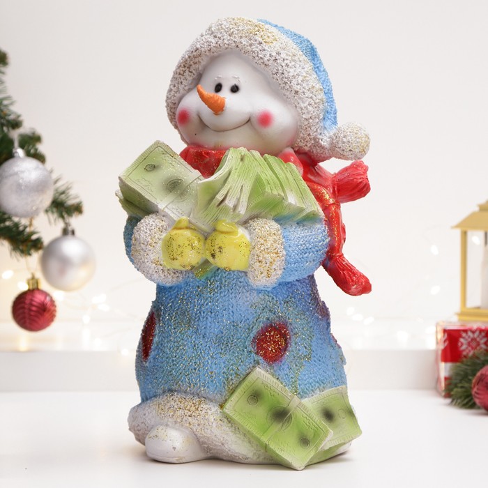 Статуэтка "Снеговик с долларами" с блестками 30см - фото 8314104