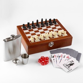Set 6in1 (8oz hip flask + shot glass + funnel + cards + dices + chess), wooden box, 18 * 24cm