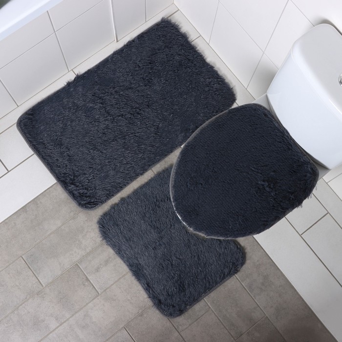 Набор ковриков для ванной и туалета Доляна «Пушистик», 3 шт: 32×40, 40×50, 50×80 см, цвет серый - фото 904960