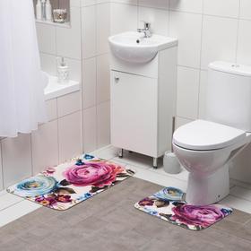 Набор ковриков для ванной и туалета Доляна «Пионы», 2 шт: 39×49, 50×80 см, цвет серый