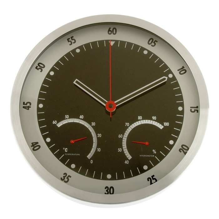 Купить часы настенные круг, рама хром с секундами, циферблат черный, гигрометр, термомерт d=33см 257813 в Москве: цена в интернет-магазине Price-Pro