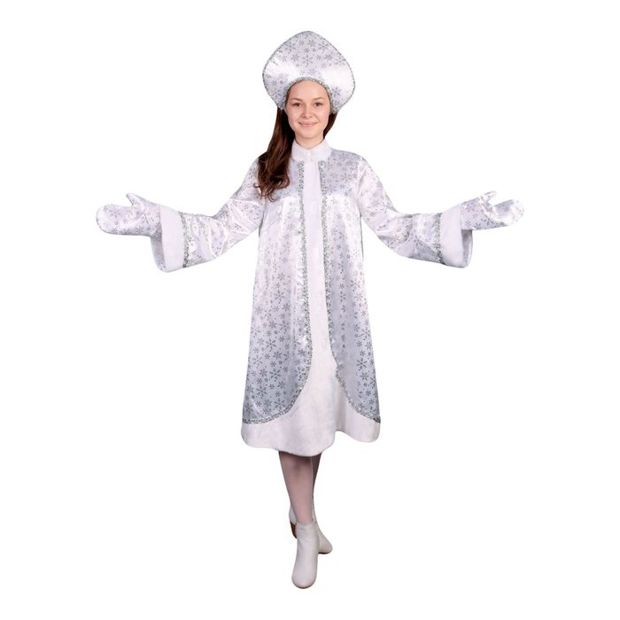 Карнавальный костюм "Снегурочка", атлас, шуба расклешённая со снежинками, кокошник, варежки, р-р 42 - фото 1842101