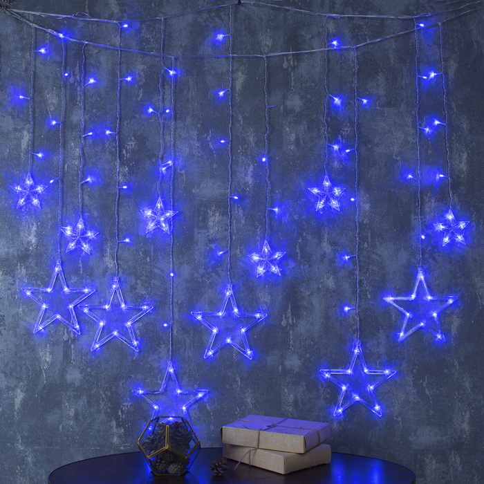 Гирлянда "Бахрома" 2.4 х 0.9 м с насадками "Звёзды", IP20, прозрачная нить, 138 LED, свечение синее, 8 режимов, 220 В