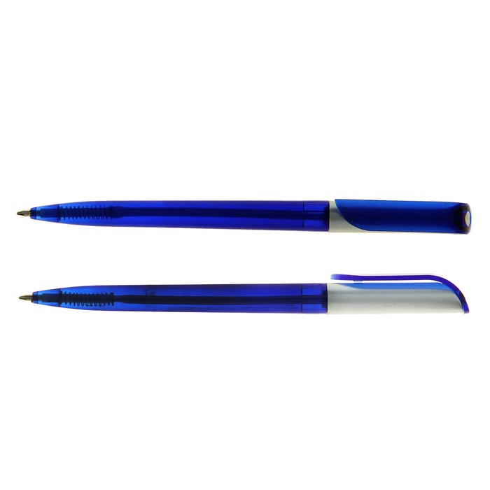 Ручка шариковая поворотная, стержень синий, корпус тонированный синий с серебристым