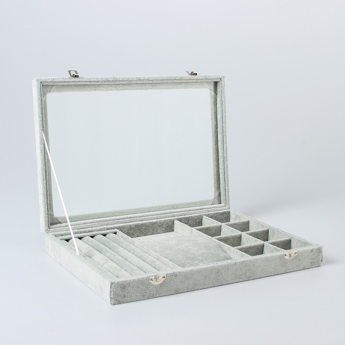 Подставка для украшений "Шкатулка" 4 ряда, 6 крючков, 8 ячеек, стекл крышка, цвет серый - фото 906402