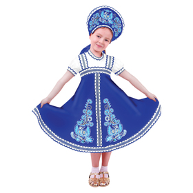 Карнавальный русский костюм "Птица Феникс", платье-сарафан, кокошник, цвет синий, р-р 30, рост 110-116 см