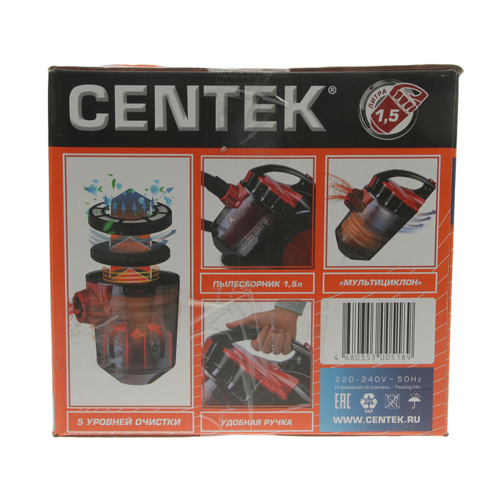 Пылесос Centek CT-2531, 1800 Вт, всасывание 350 Вт, мультициклон, красный 2868495 - фото 38035