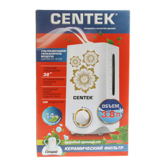 Увлажнитель воздуха Centek СТ-5102, ультразвуковой, 25 Вт, 3.8 л, белый 2868498 - фото 41445