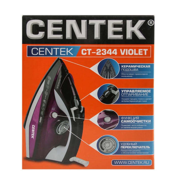 Утюг Centek CT-2344, 2400 Вт, керамическая подошва, паровой удар, самоочистка, фиолетовый 2868507 - фото 45848