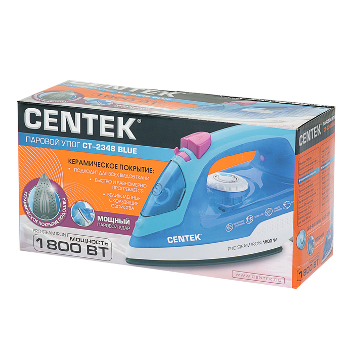 Утюг Centek CT-2348, 1800 Вт, керамическая подошва, паровой удар, самоочистка, синий 2868510 - фото 36476