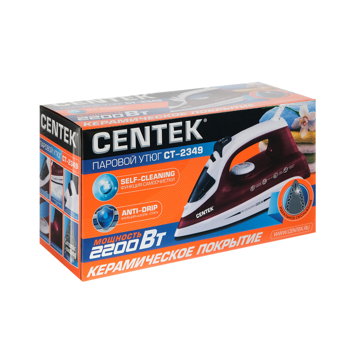 Утюг Centek CT-2349, 2200 Вт, керамическая подошва, 50 г/мин, 250 мл, красный 2868512 - фото 45875