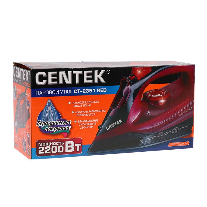 Утюг Centek CT-2351, 2200 Вт, керамическая подошва, 300 мл, красный 2868516 - фото 45885