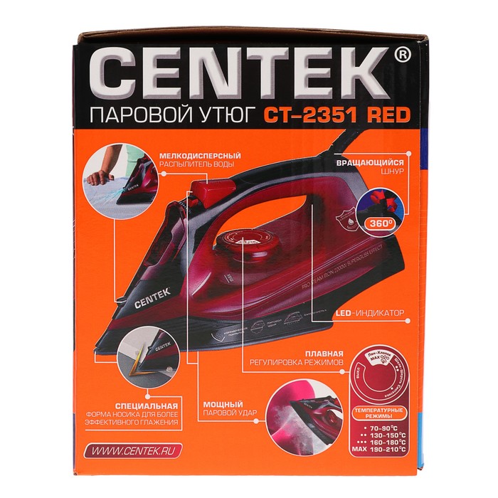 Утюг Centek CT-2351, 2200 Вт, керамическая подошва, 300 мл, красный 2868516 - фото 45886