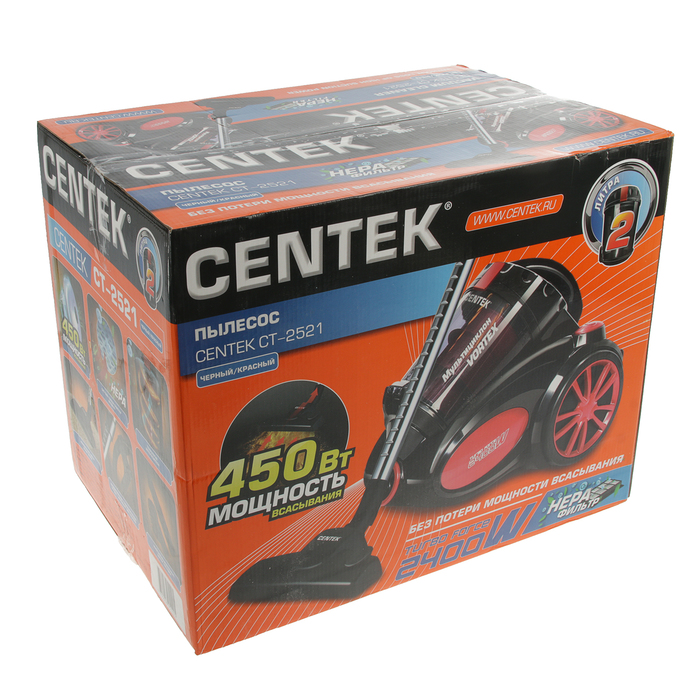 Пылесос Centek CT-2521, 2400 Вт, всасывание 450 Вт, мультициклон, чёрно-красный 2868530 - фото 43009