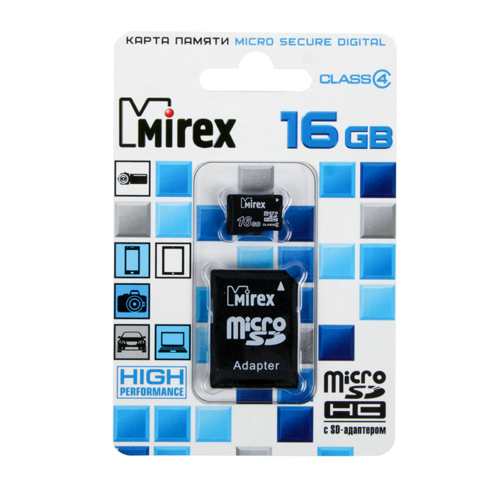 Карта памяти microSD Mirex 16 Gb class 4, с адаптером
